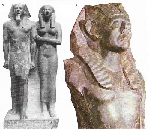 The monarch's public image in the Old and Middle Kingdoms was widely different, a change reflected in the royal statuary. The figure of King Menkaure of Dynasty IV (A) with his queen is an idealized portrait of the god-king. The aftermath of the First Intermediate Period saw the development of a more realistic and intense style, as in the statue of Senusret III (B).